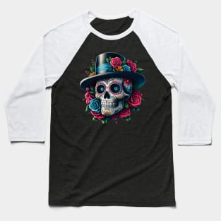 Sugar Skull Art - Top Hat and Pink Roses Baseball T-Shirt